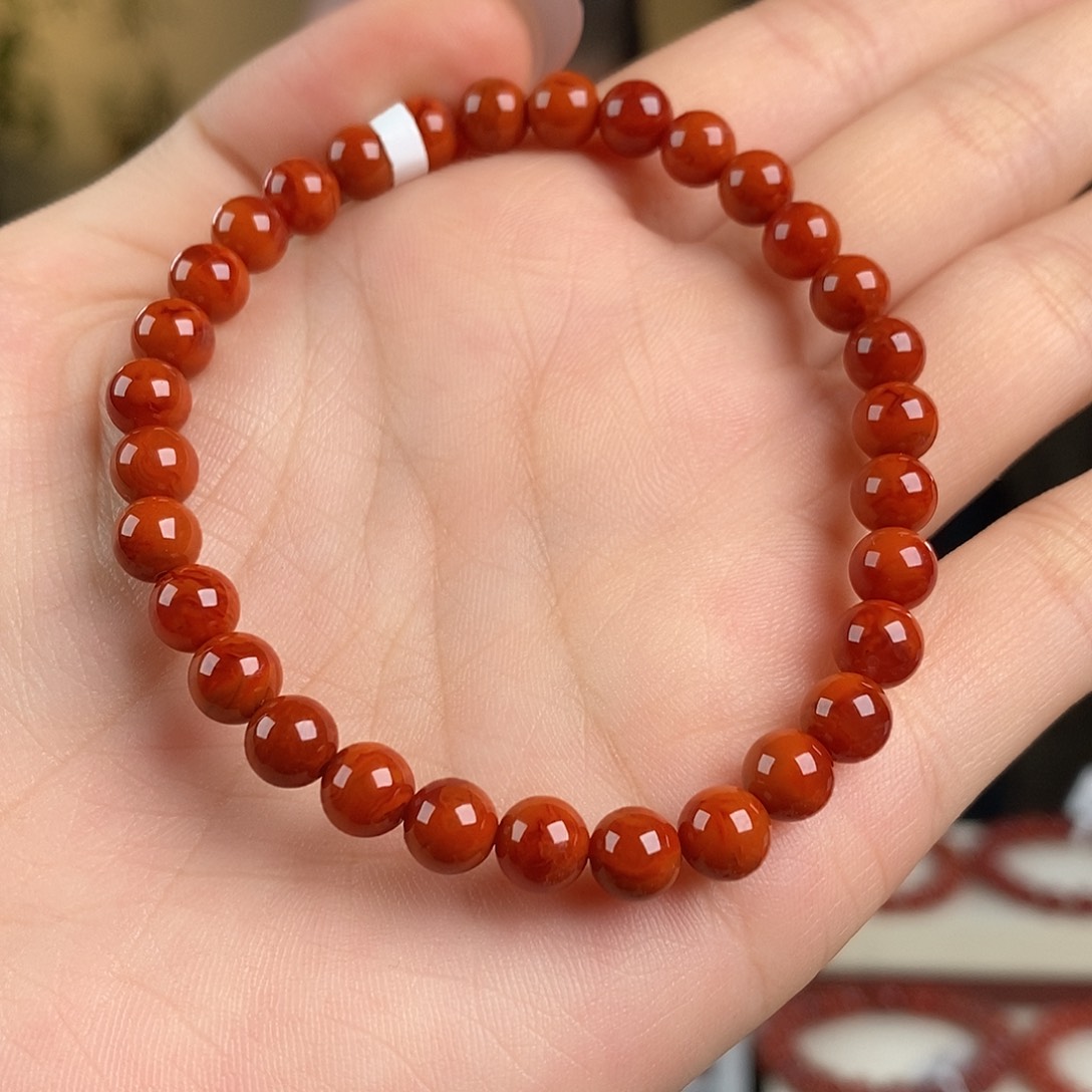 南红玛瑙未镶嵌手串原矿无胶6mm 柿子红瓦西满肉4a+级别