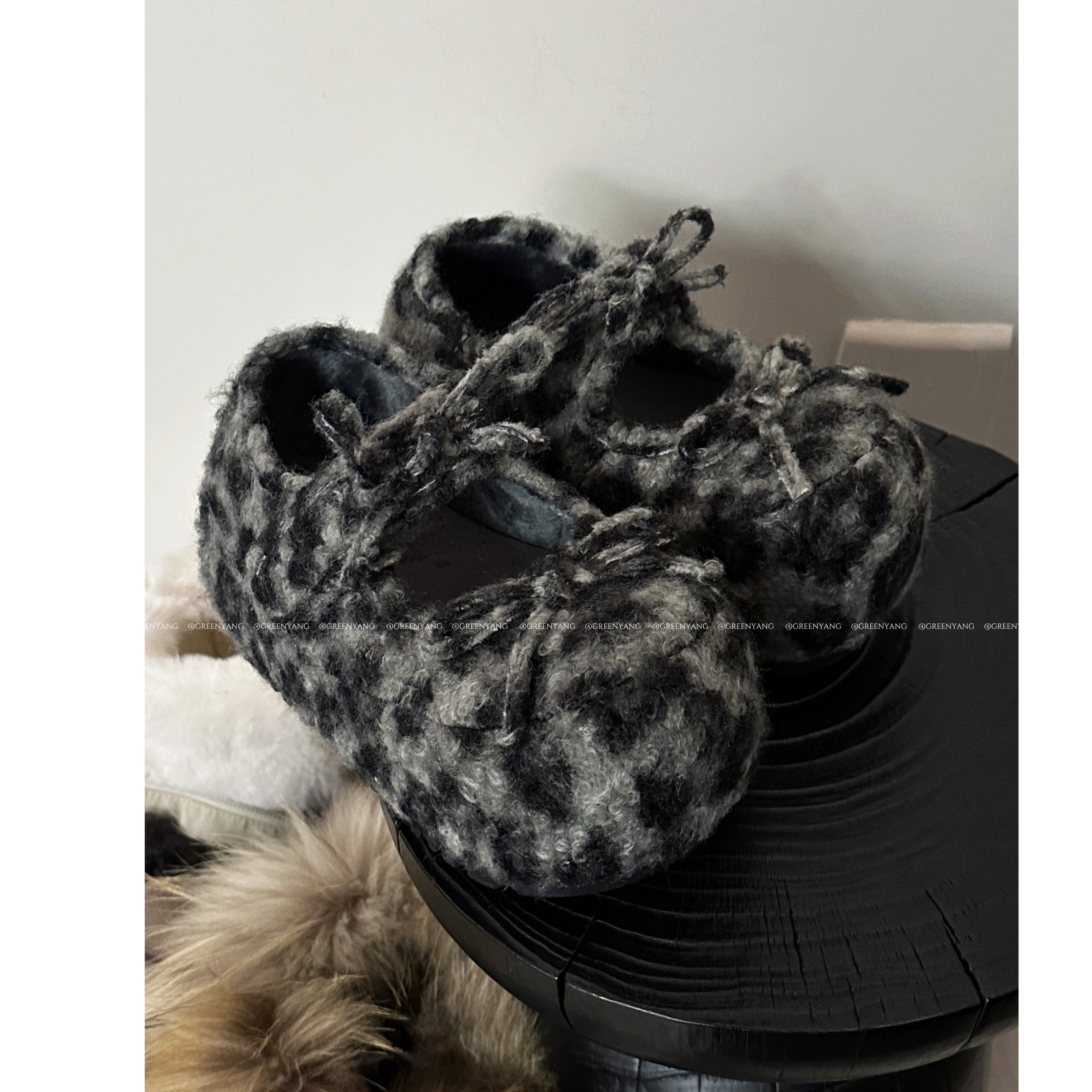 老羊家~2025冬季新款时尚简约百搭蝴蝶结设计外穿玛丽珍女毛毛鞋