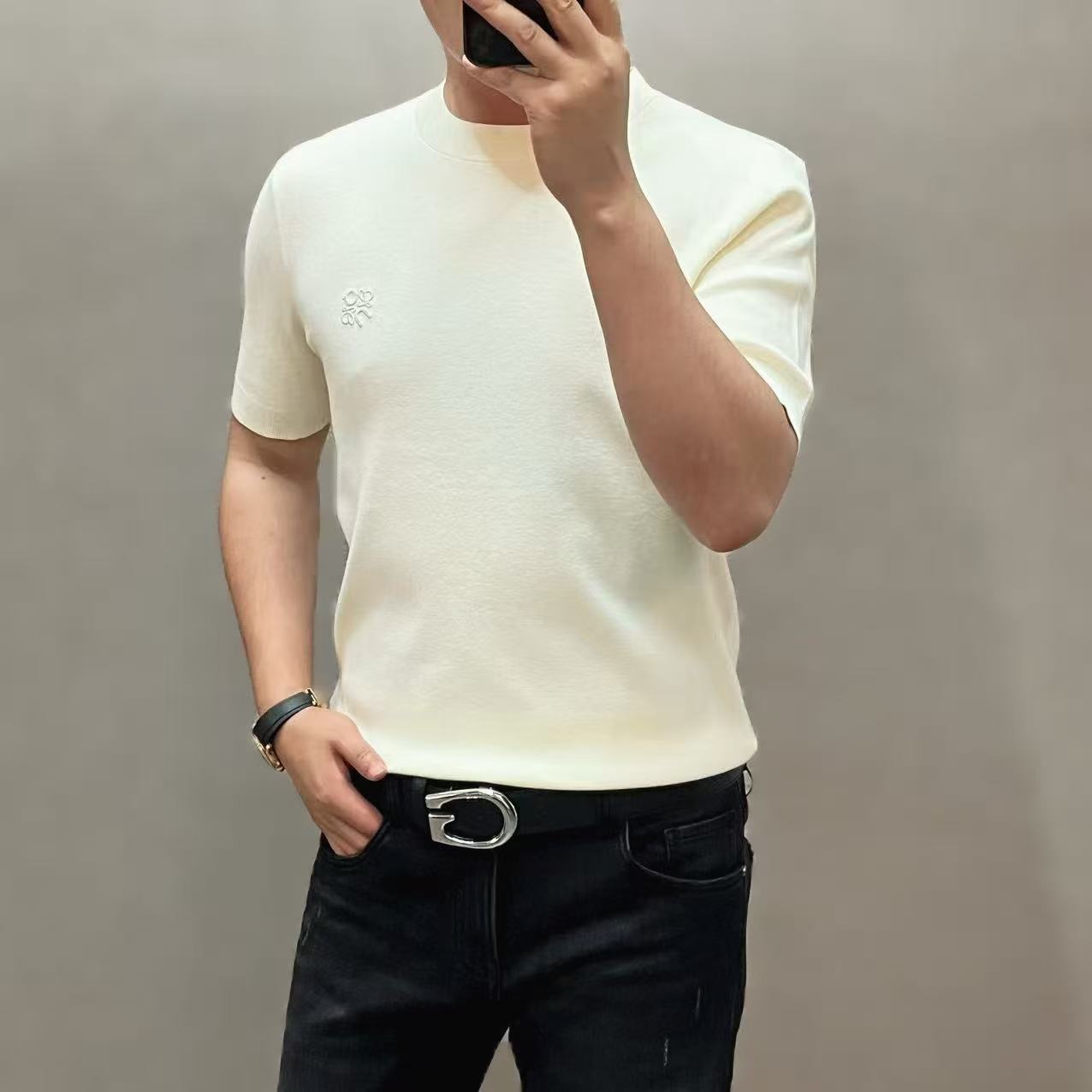 新款高端男士潮流简约纯色休闲圆领针织短袖T恤86809