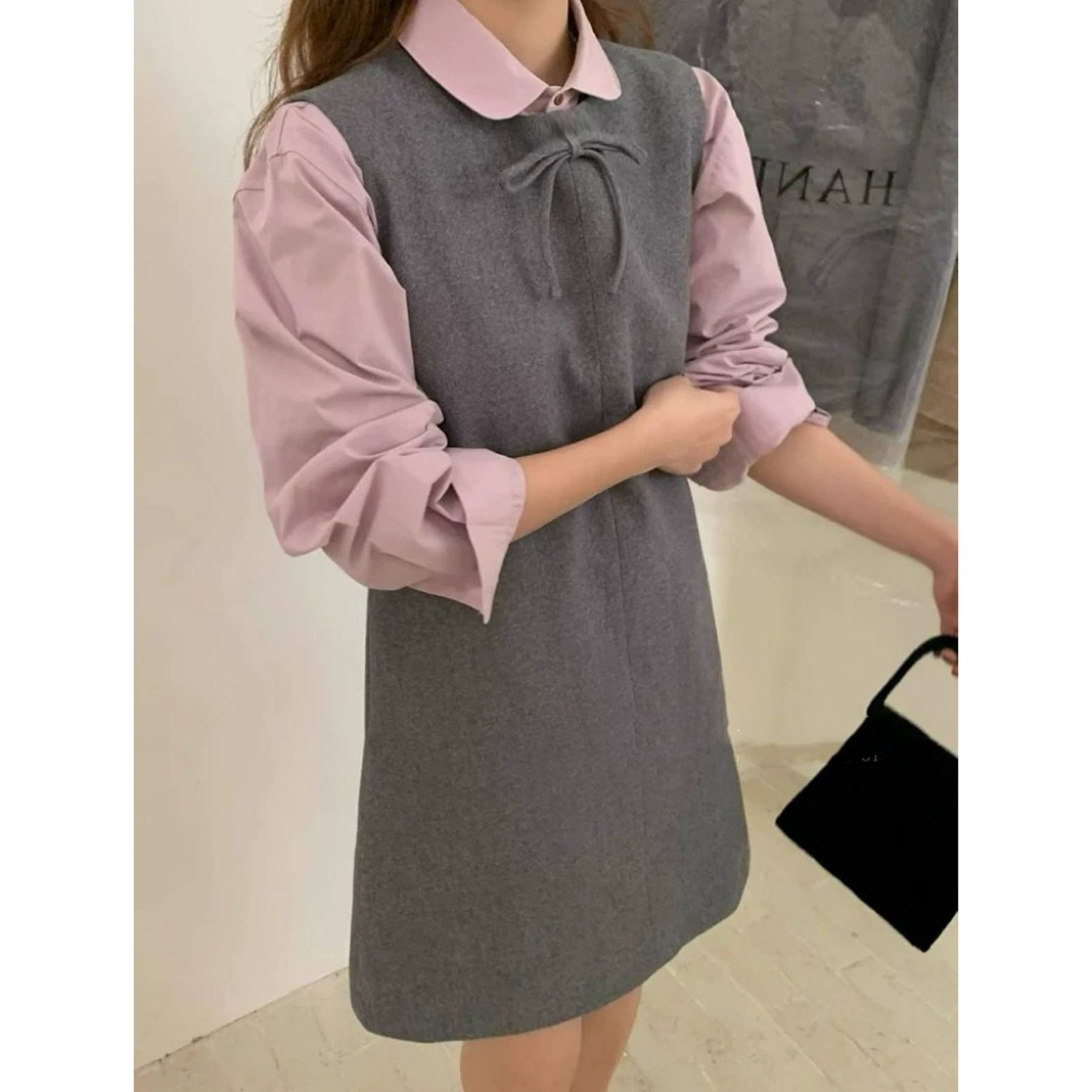 【韩系学姐】法式蝴蝶结毛呢背心连衣裙气质百搭无袖连衣裙短裙