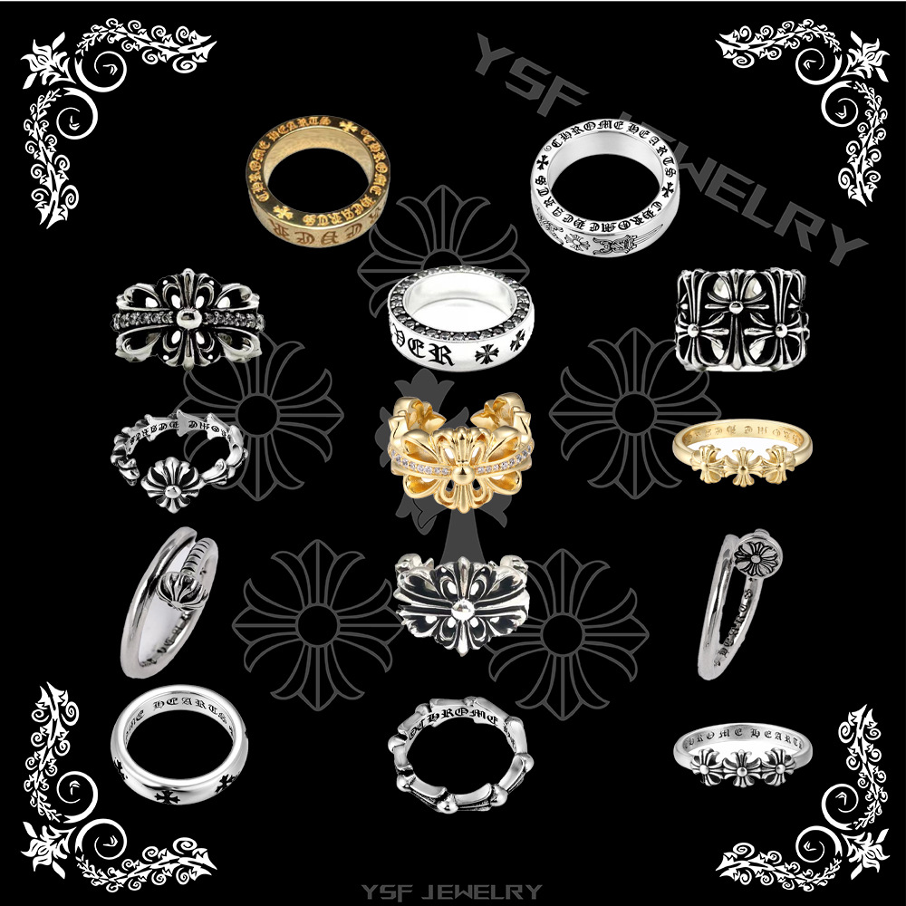 ch克羅心十字架戒指永恒墓葬莺尾花复古做旧手工刻字镀开口戒指