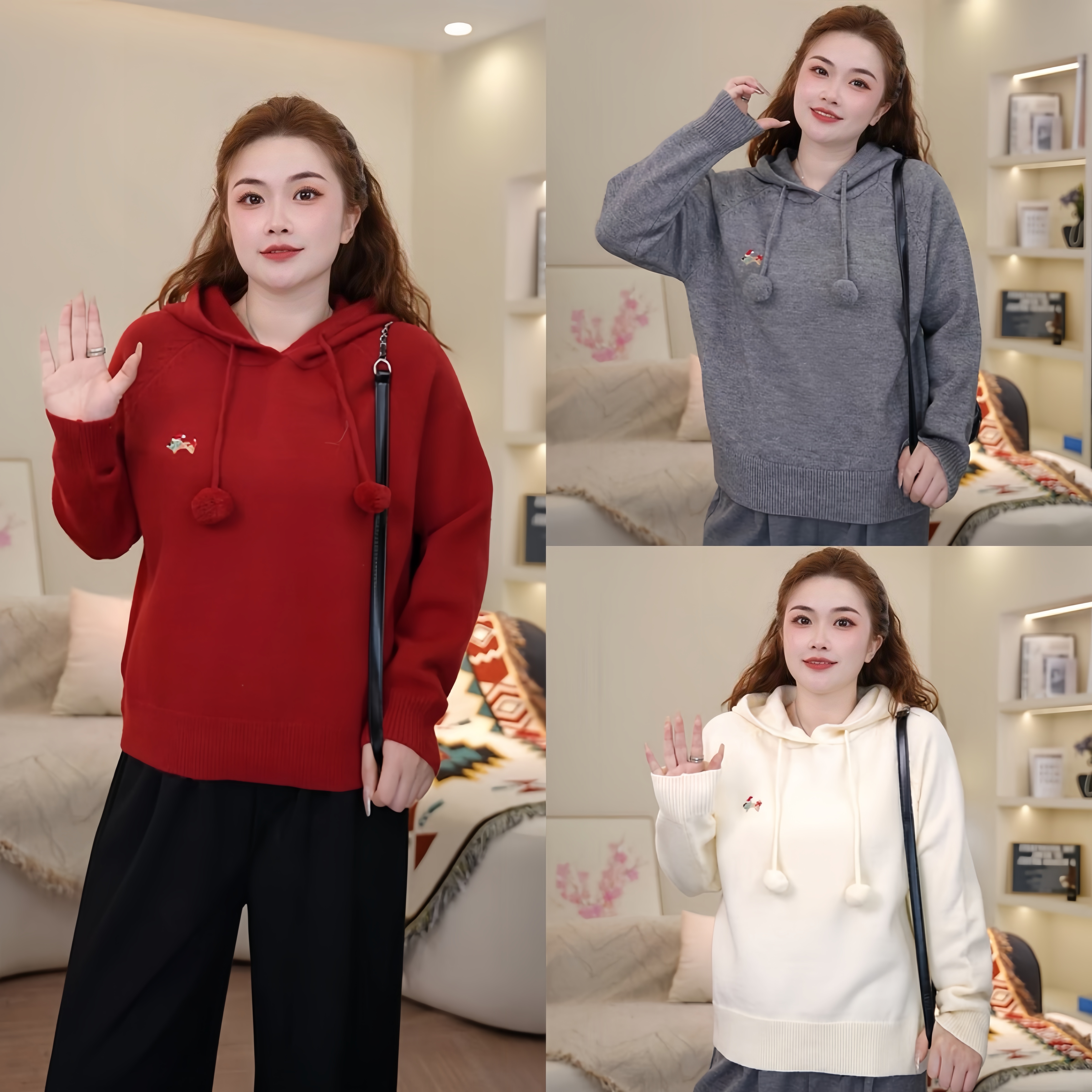梦丞大码女装设计款连帽针织毛衣宽松版大码遮肉显瘦毛衣