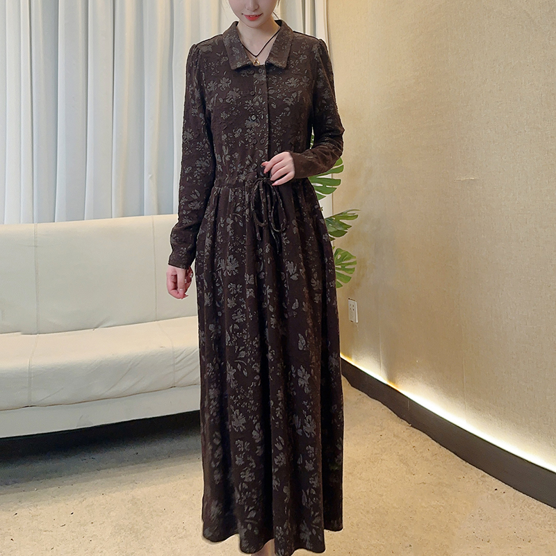 2025秋季新高级休闲中长款连衣裙女气质复古提花收腰显瘦裙子2762