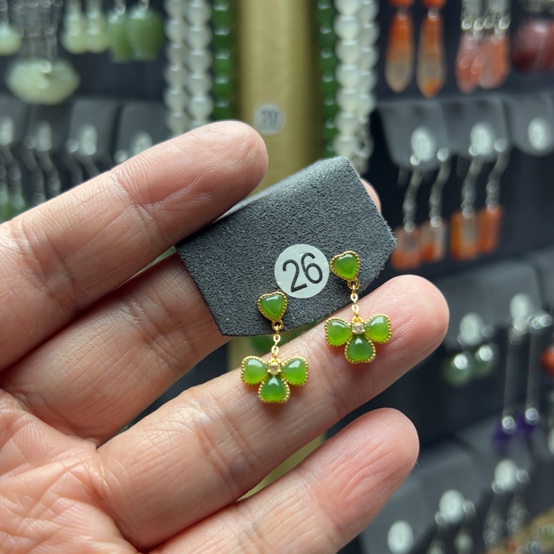 老***渔和田玉（碧玉）银S925镶嵌耳饰