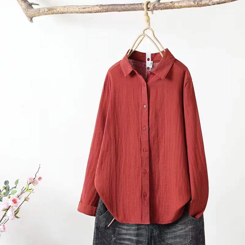 2045双层棉纱简约长袖衬衫女装秋季新款宽松百搭纯色纯棉打底衫衣