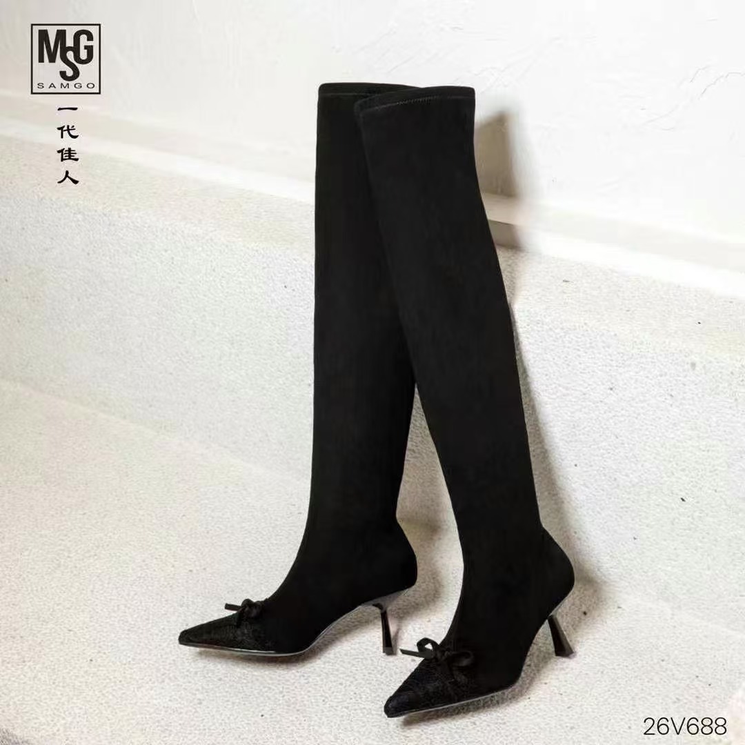 一代佳人新款时尚蕾丝蝴蝶结高跟尖头弹力靴加绒过膝长靴女6公分