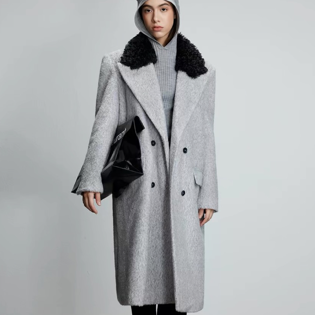 JAC FLEURANT秋冬新品毛领拼接灰色毛呢大衣 LEAFLEAF设计师品牌