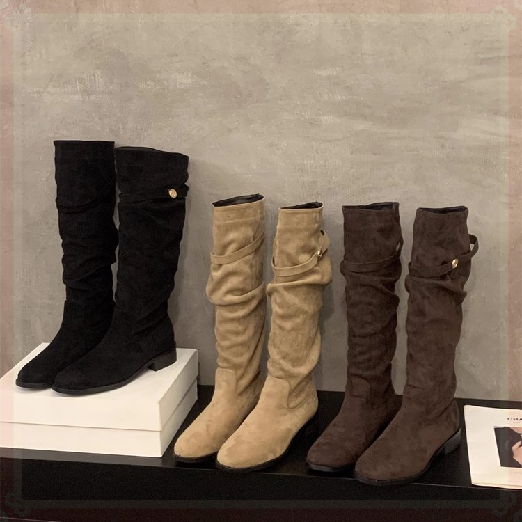 复古粗跟不过膝骑士长筒靴子女秋冬绝绝子洋气瘦瘦堆堆长靴西部靴