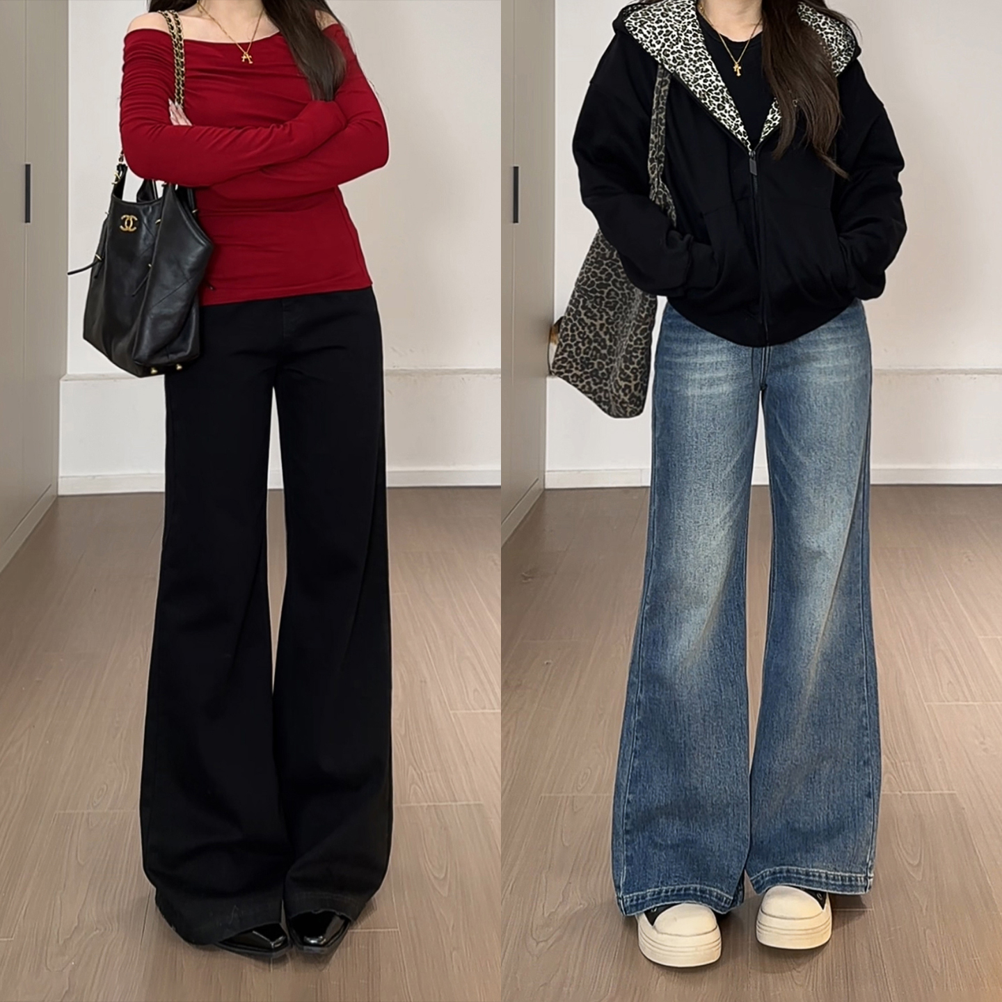 黑色高腰不贴腿微喇牛仔裤女冬季加绒大码胖mm宽松显瘦弹力马蹄裤