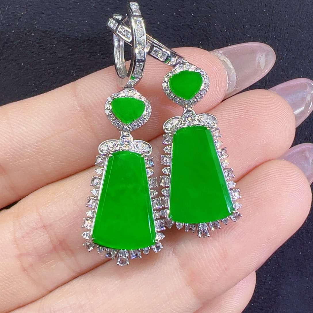 翡翠耳饰18K金镶嵌无事牌两用款可当吊坠