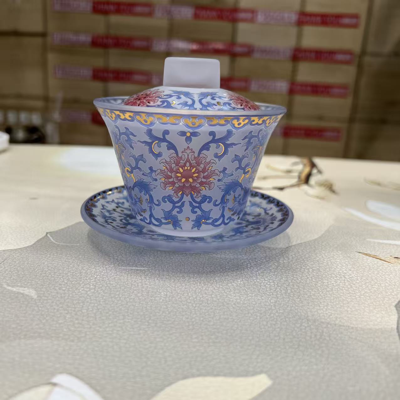 瓷韵优品  青花釉里红缠枝莲磨砂盖碗-6372