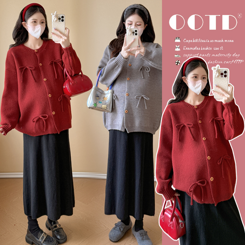 R1450#11.21孕妇装新款秋冬时尚宽松减龄蝴蝶结毛衣开衫外套