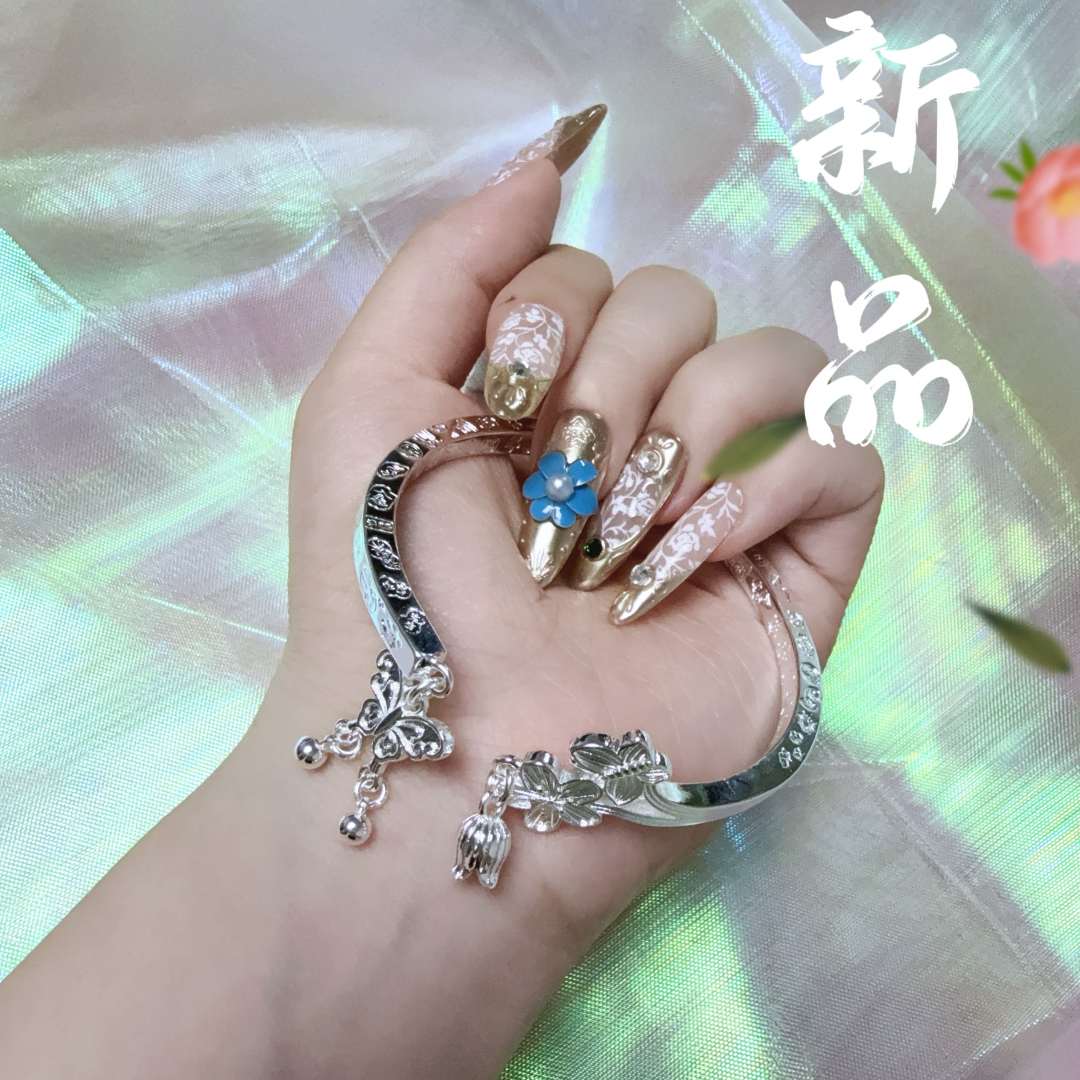 足银手镯 32号-蝶恋花吊铃【开口】手镯