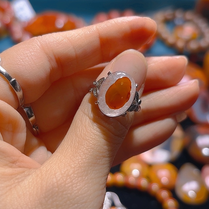 玛瑙/玉髓戒指银S925镶嵌两*