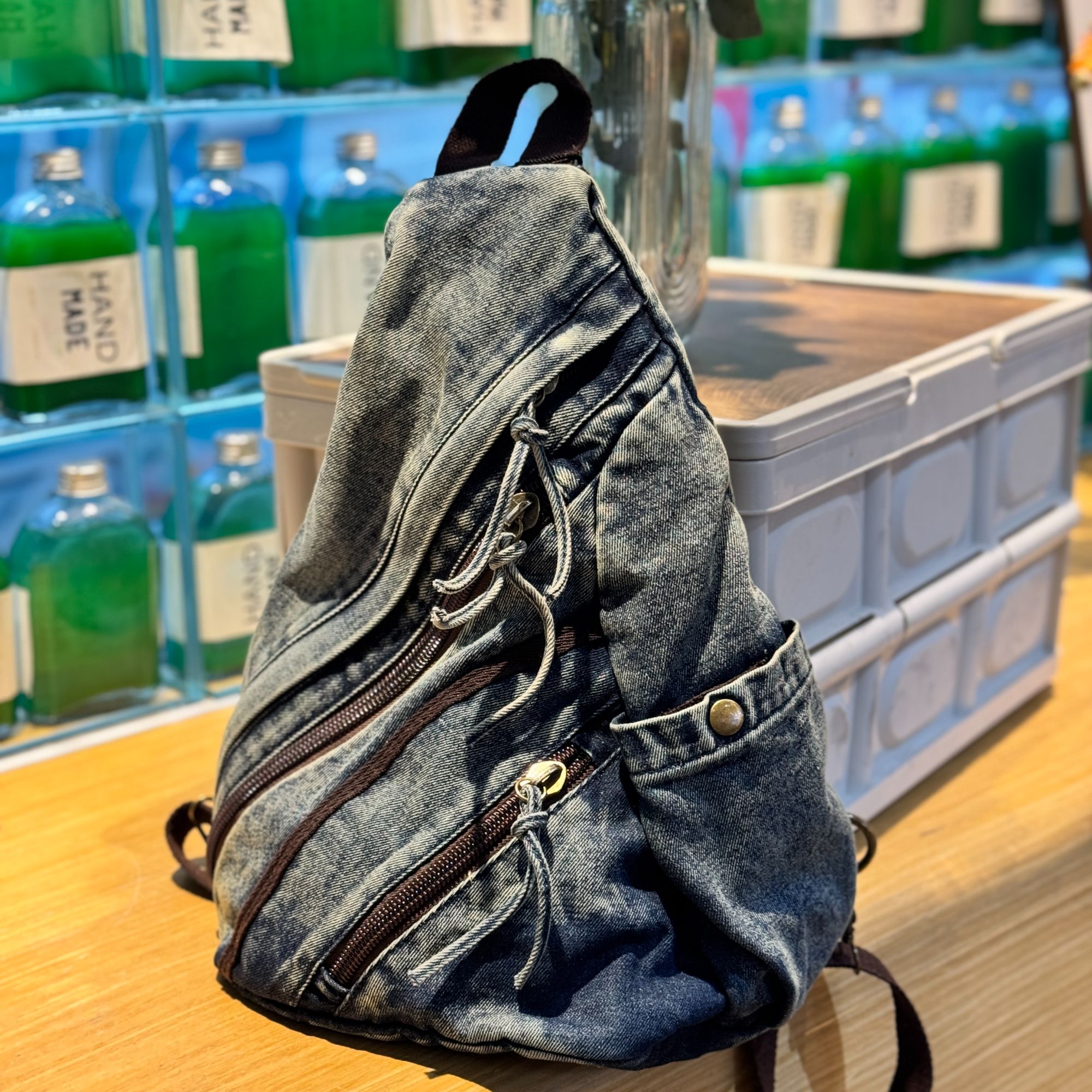 复古水洗做旧牛仔布双肩包大容量胸包机车包包多用途包