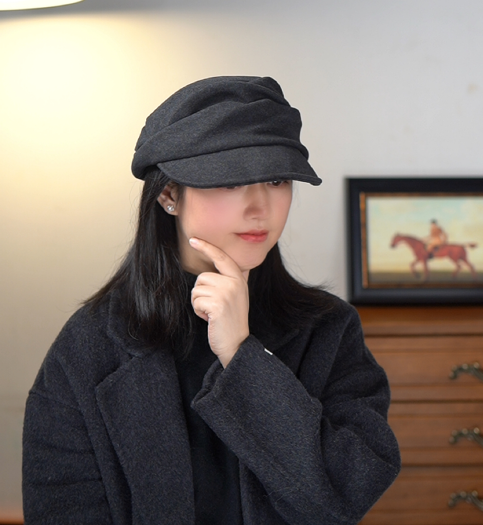 褶皱女秋冬帽子羊毛山本风报童帽韩版复古球帽八角帽气质显白