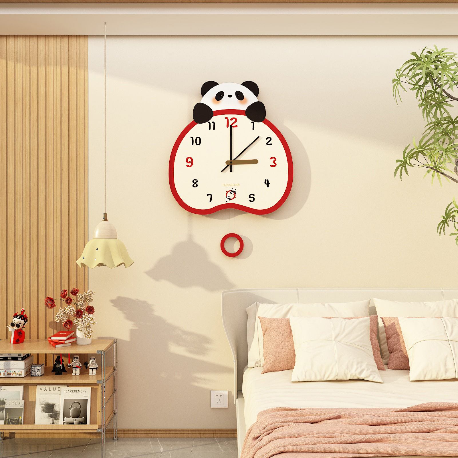熊猫卡通挂钟儿童房间布置卧室床头墙面装饰品时钟静音发光小夜灯