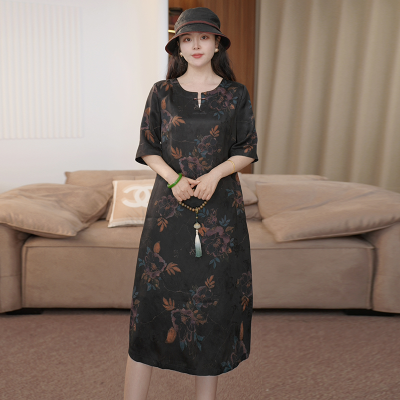 2025夏季时尚浪漫大牌杭州香云纱真丝连衣裙女气质妈妈桑蚕丝裙子