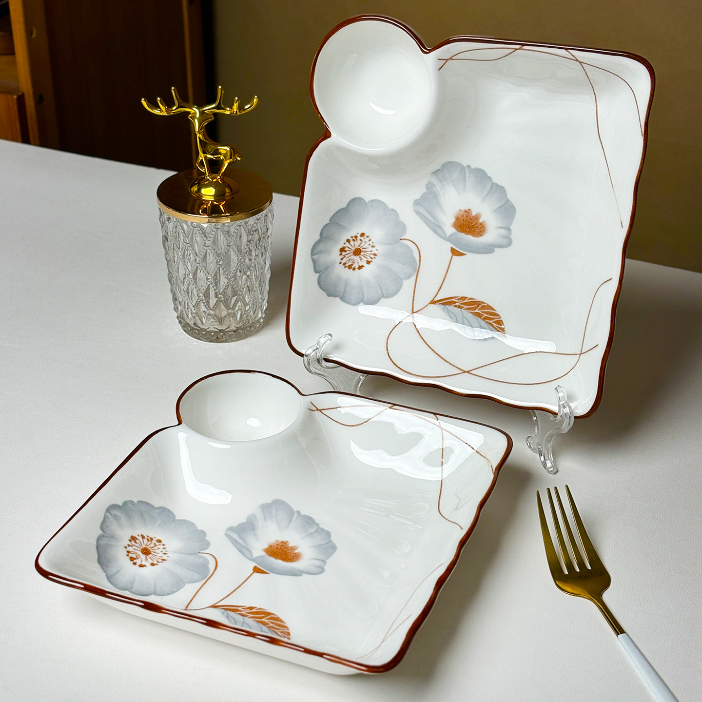 2只装岁月静好饺子盘家用7.5英寸分格盘自带蘸料格小食盘