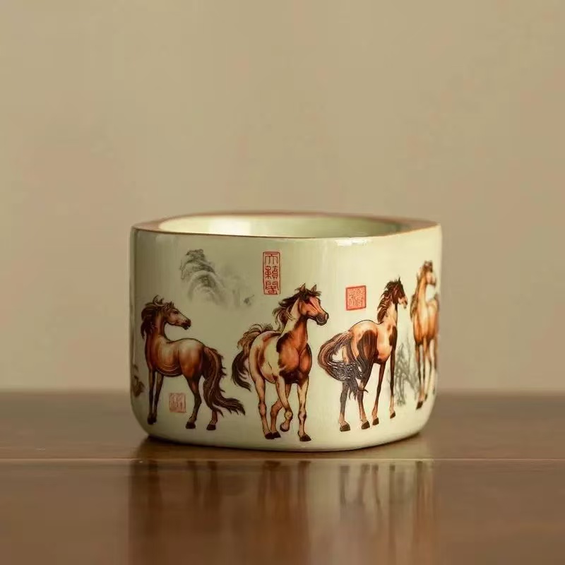 德化云仓 复古陶瓷八骏图四方主人杯茶杯品茗杯-5178