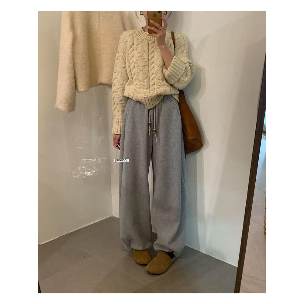 【豆豆】简约加绒卫裤女冬季高腰阔腿裤韩版时尚两穿休闲裤子