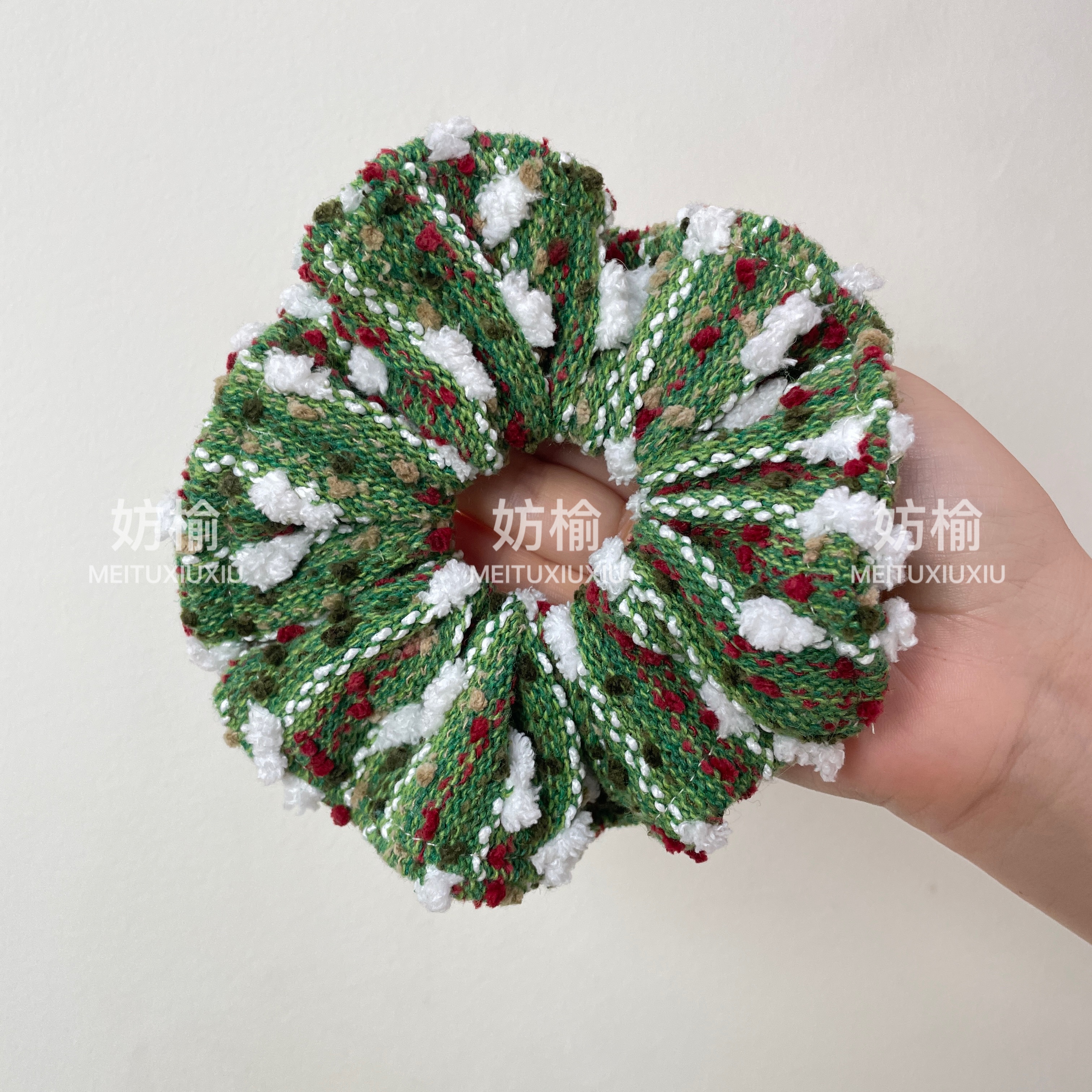 圣诞树~小众设计针织绿色重工大肠发圈女后脑勺马尾氛围感头绳