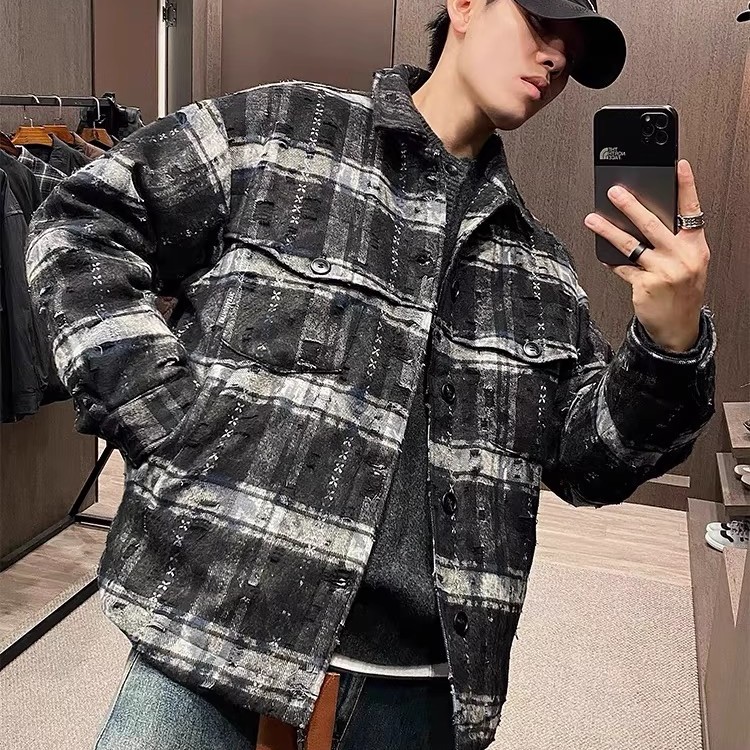大爆款！正宗原版！纯手工磨破！复古做旧格子90绒男士轻薄羽绒服