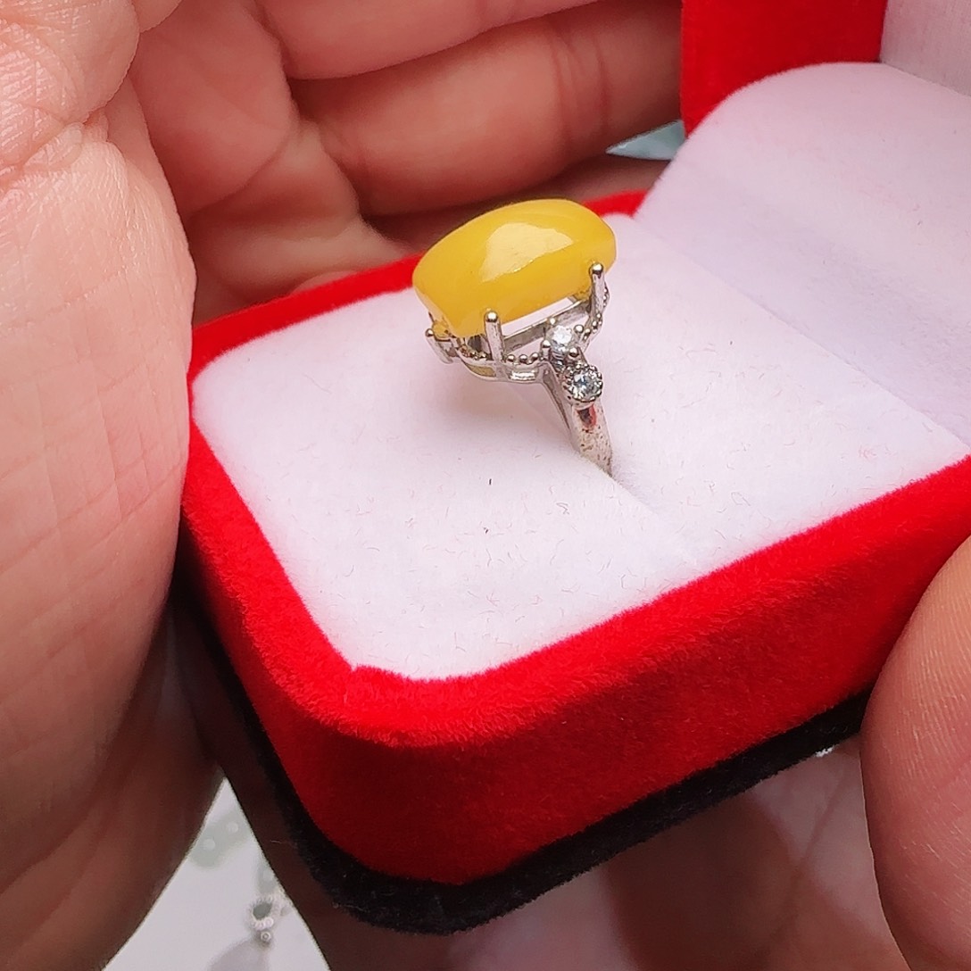 蜜蜡戒指银S925镀金镶嵌