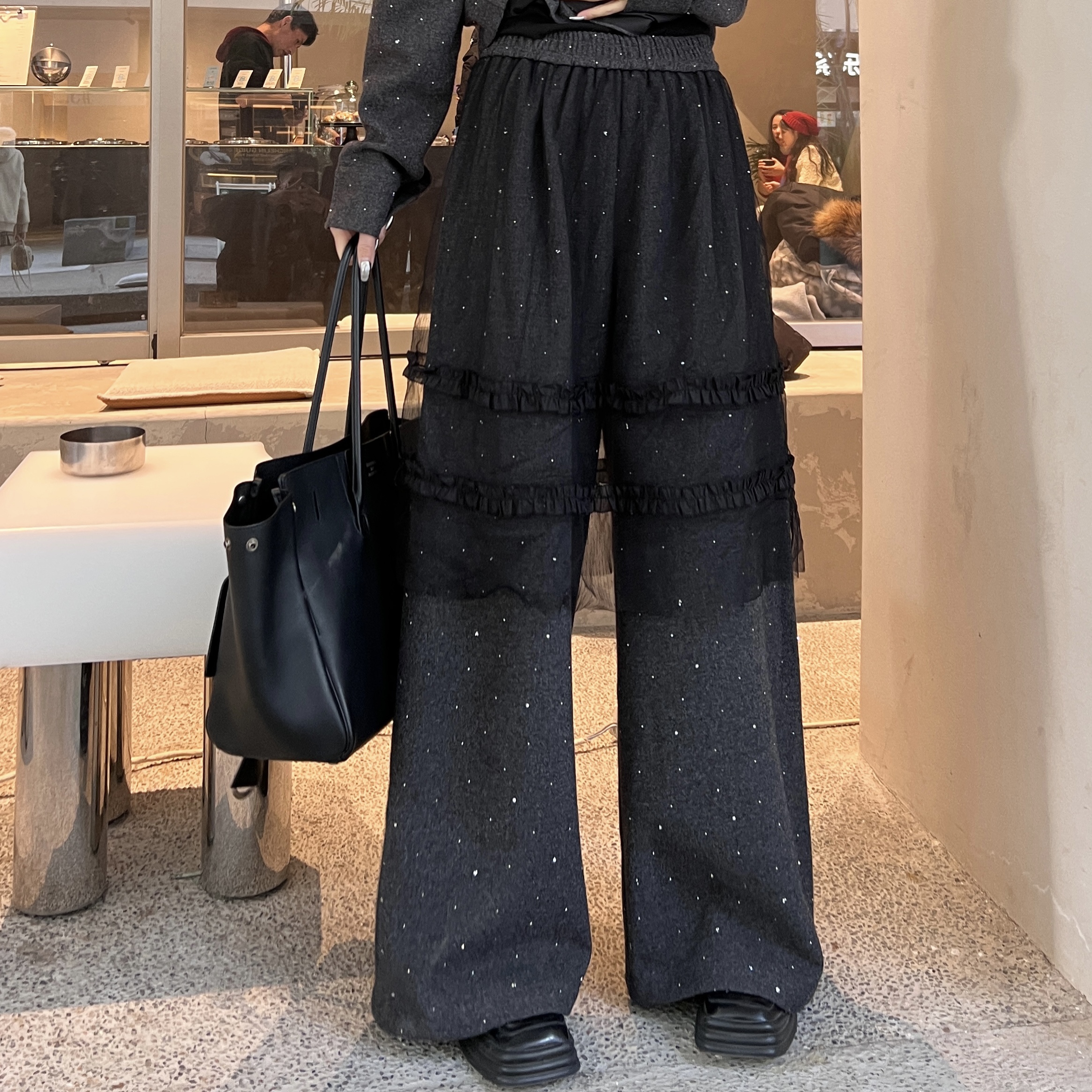 CZ【个性风向】冬季新款高级感蕾丝网纱拼接高腰显瘦阔腿休闲长裤