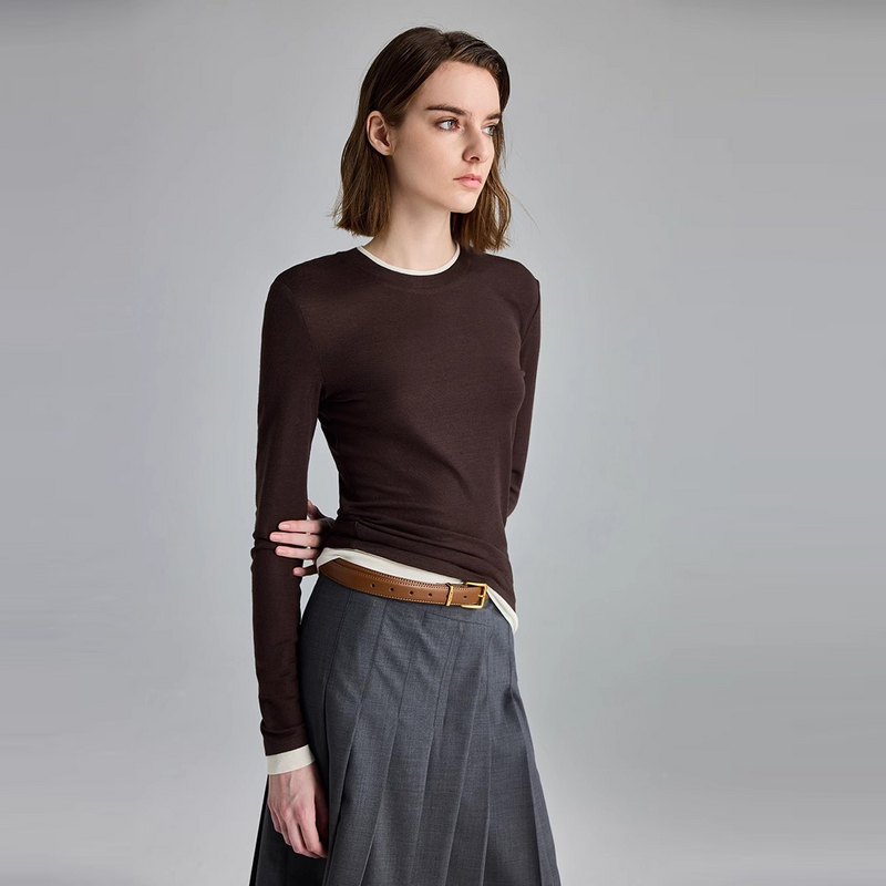 C3扬子精纺羊毛_假两件拼色经典打底T恤0036