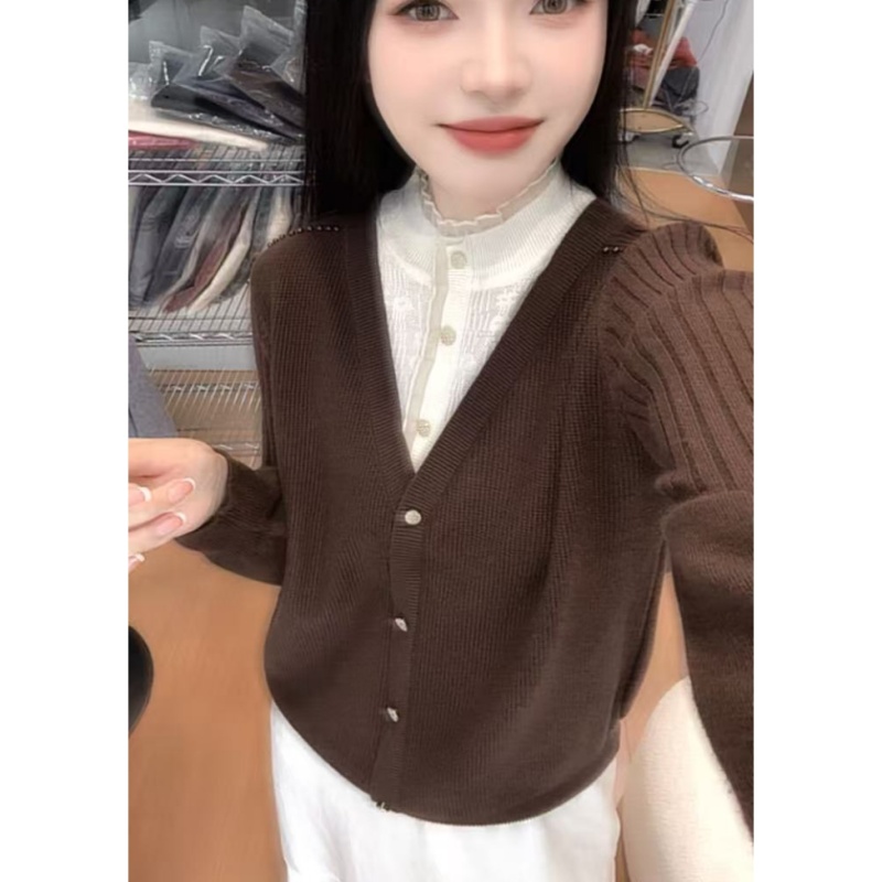 丽姐家~咖色假两件显瘦气质网红时尚百搭v领秋冬上衣