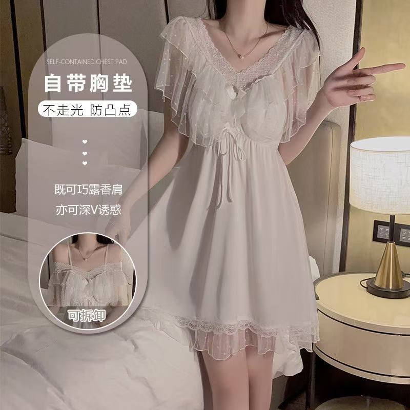 唯美蕾丝睡裙一字肩两穿纯欲带胸垫大码睡裙春夏甜美法式性感