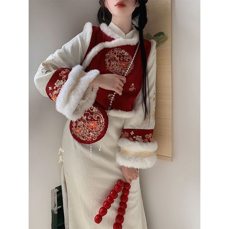 新中式马甲加绒加厚国潮小香风复古风冬季马甲旗袍套装女2024改良