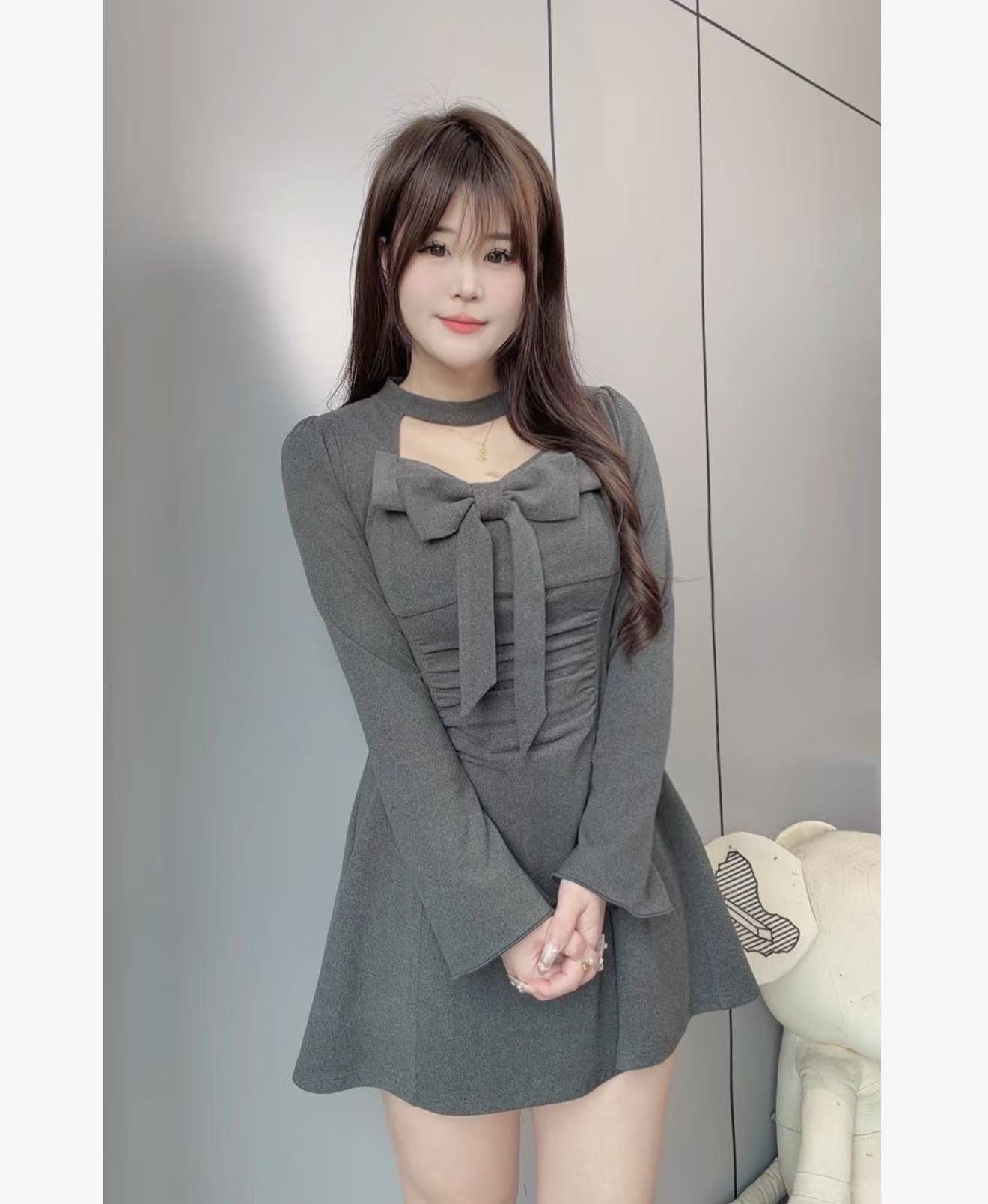 【雾凇暖绒】10605胖mm冬款磨毛加厚连衣裙长袖收腰显瘦蝴蝶结短裙