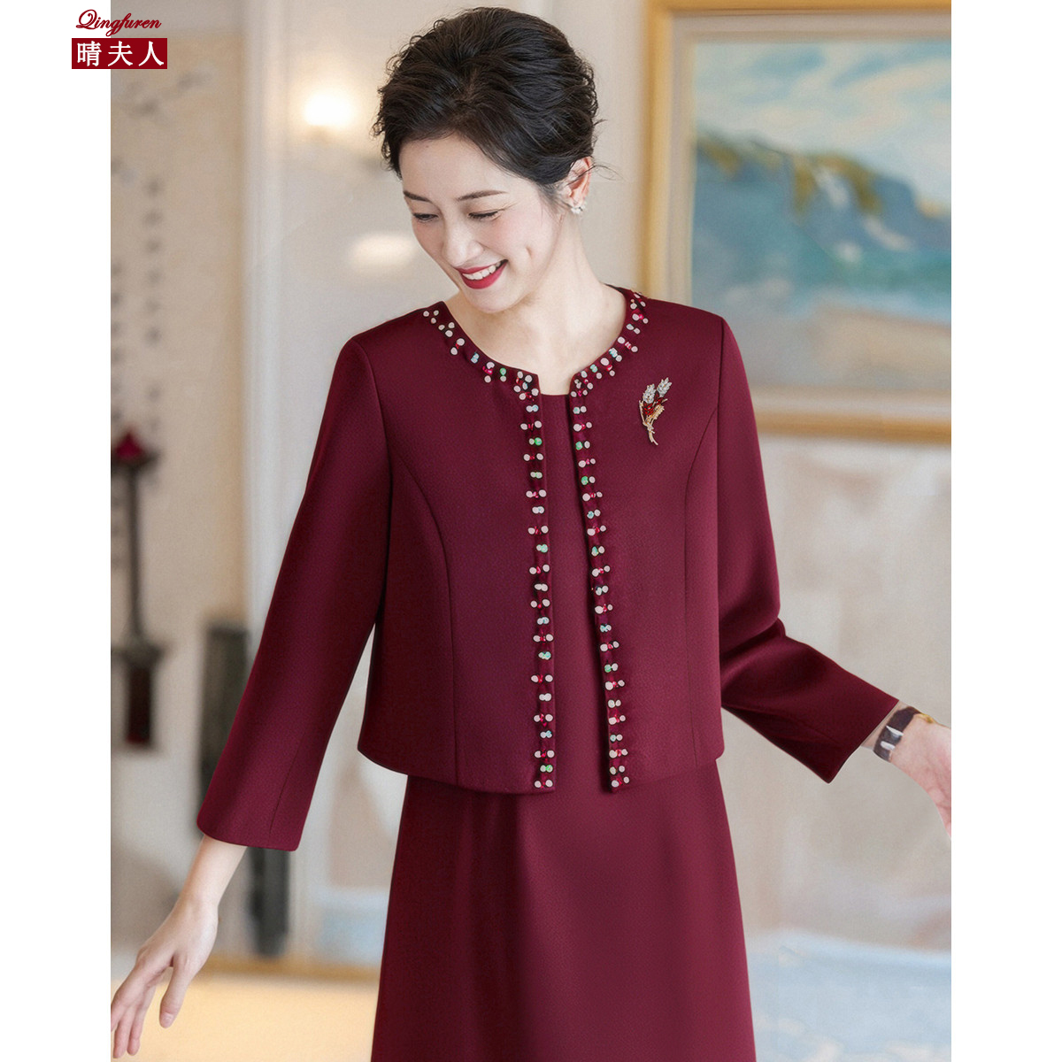 高贵年轻喜婆婆婚宴装礼服裙子2025新款喜妈妈洋气红色婚礼连衣裙