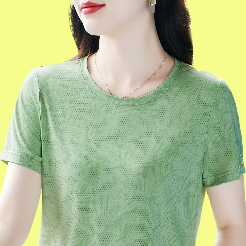 822草绿速干短袖t恤女夏洋气妈妈圆领半袖印花百搭宽松上衣大码