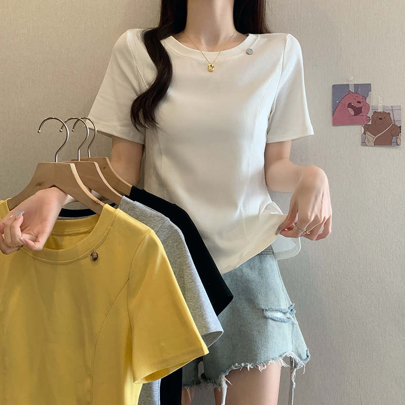 X大码胖mm韩系温柔风荷叶边修身显瘦短袖T恤女夏休闲纯色百搭上衣