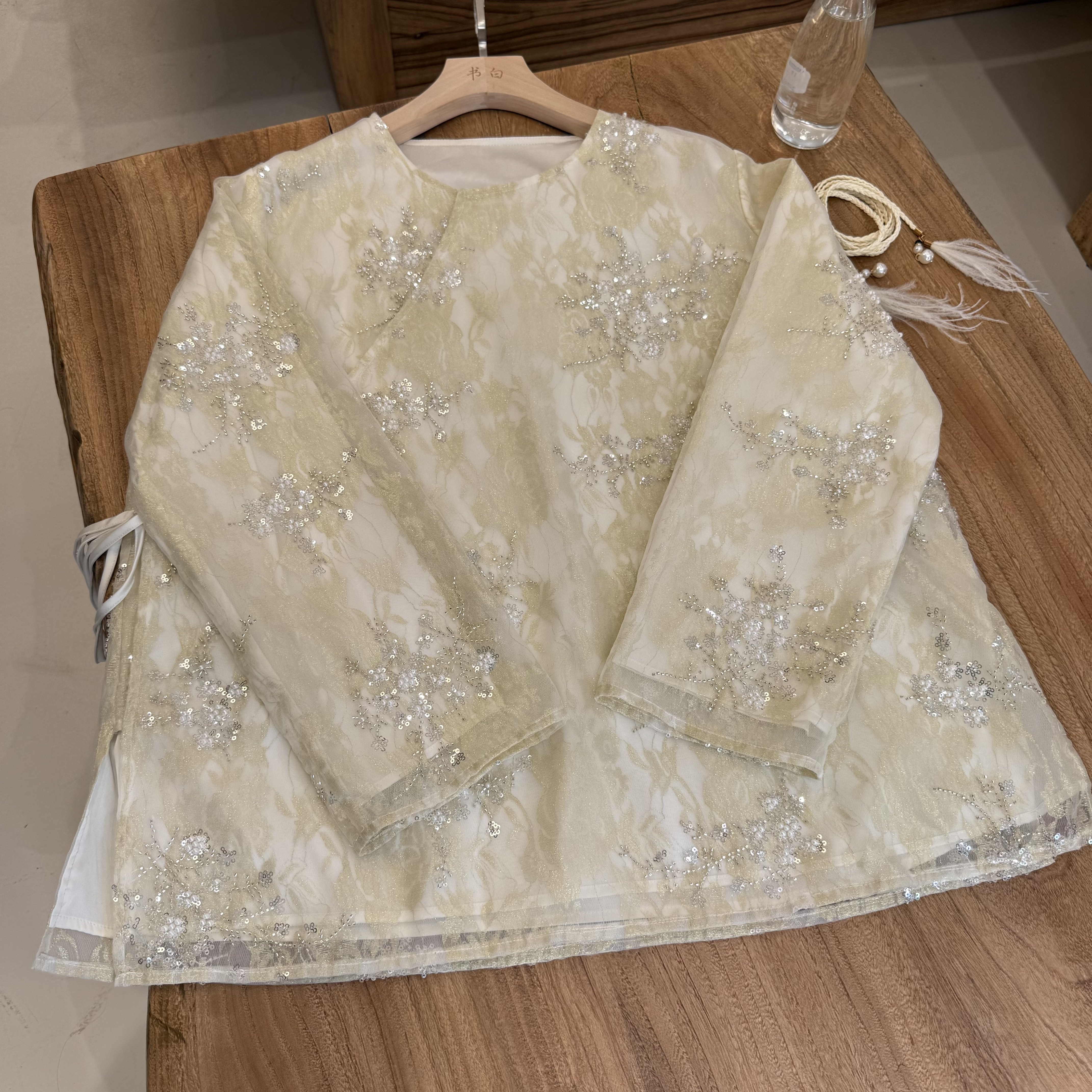 【喜冷】新中式桑蚕丝欧根纱法式管珠亮片绣套头女式上衣#