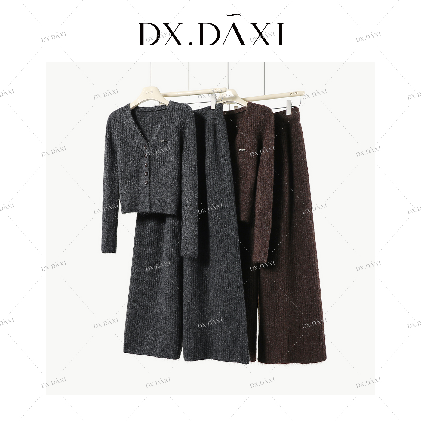 DX.DAXI【拥抱信号】针织毛衣开衫＋阔腿裤 冬季三件套穿搭（带围脖）