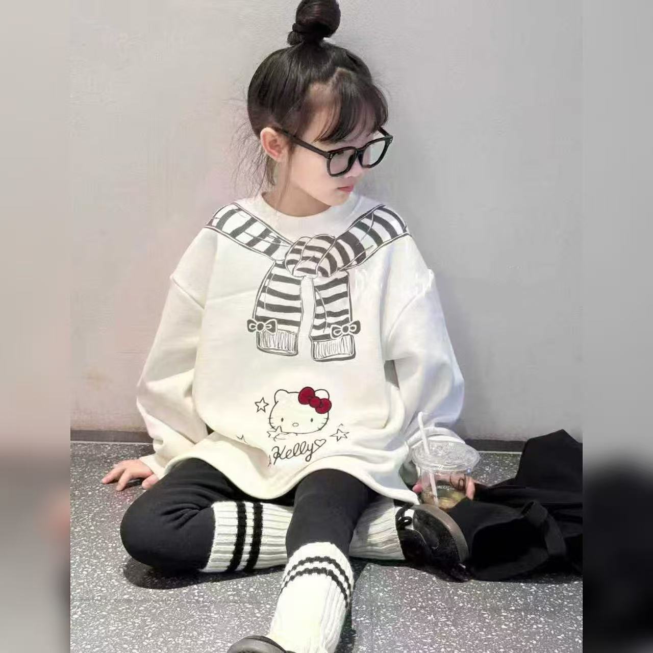 【2025秋冬韩款】韩系Kitty刺绣+蕾丝设计一体加绒儿童打底x1951