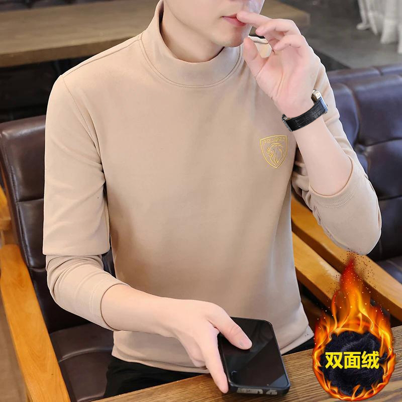 冬季男士新款双面德绒刺绣半高领打底衫时尚潮流内搭保暖长袖上衣