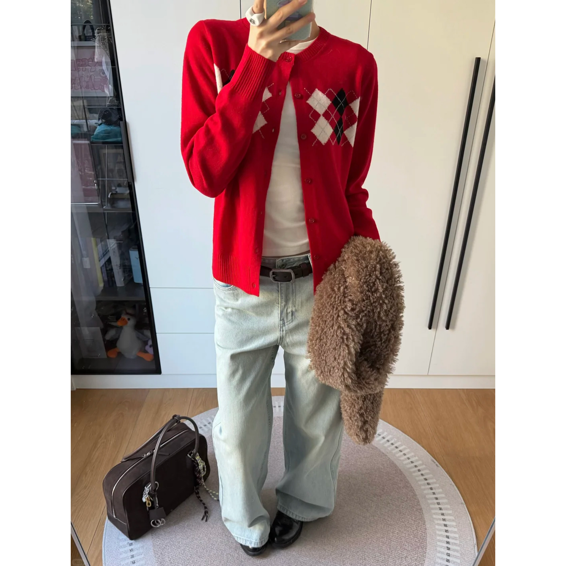 美式复古圆领菱形格针织开衫女秋冬季圣诞氛围感红色毛衣外套上衣