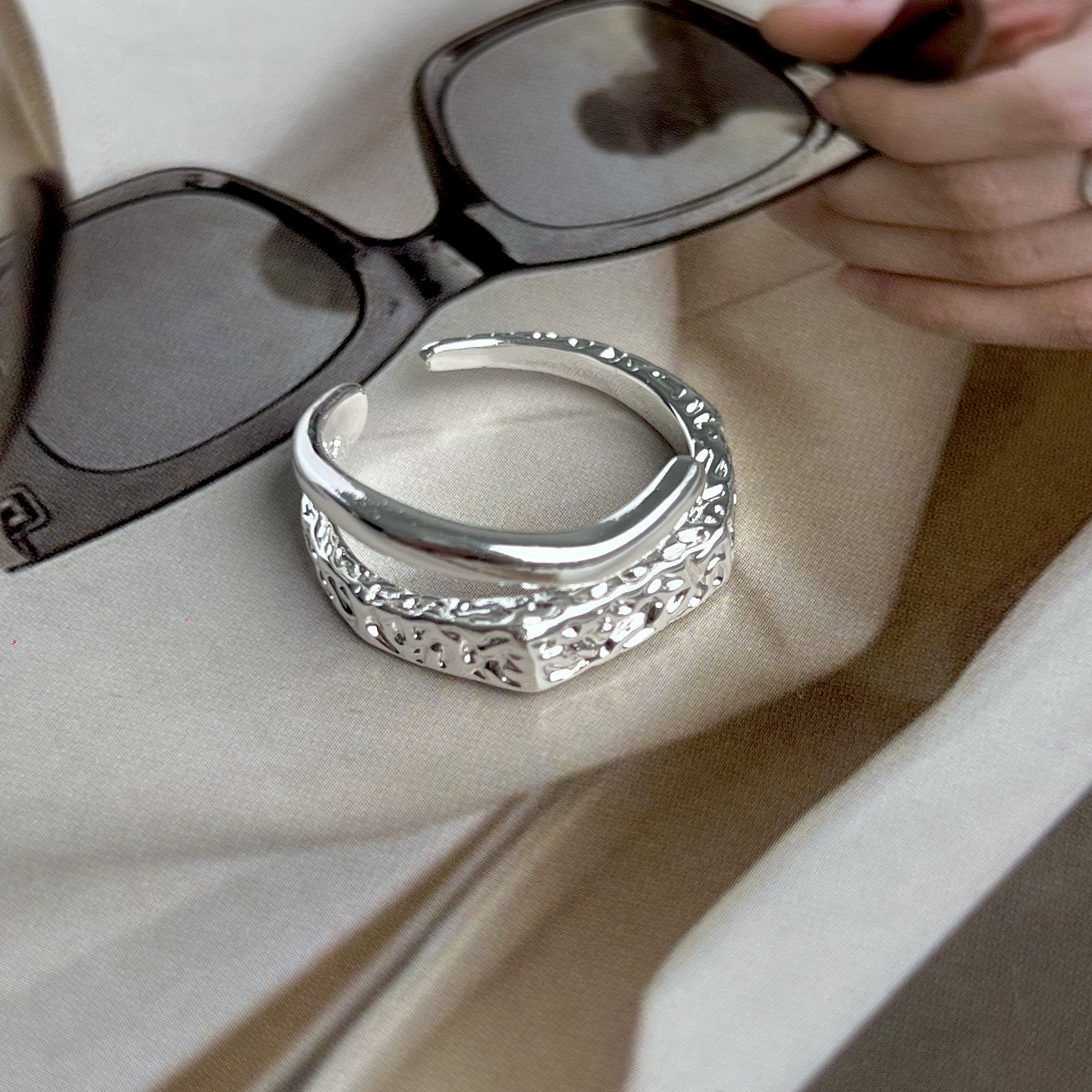 黄铜戒指 锡纸纹理双层开口戒JZ0007-S