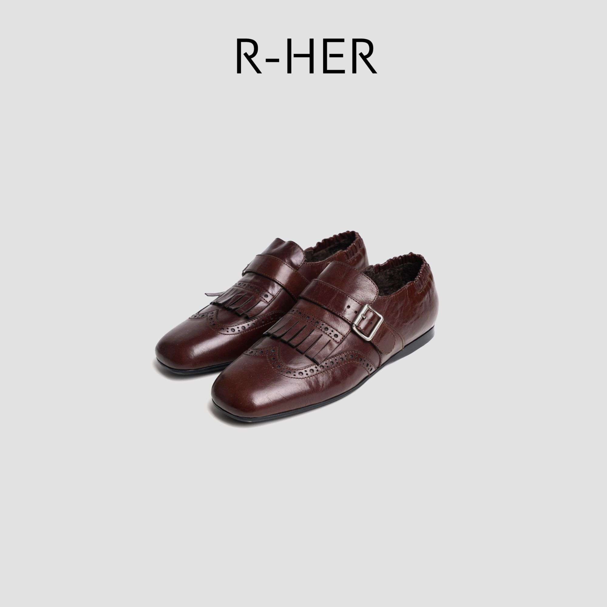 R-HER“布洛克画室”冬季圆头平跟流苏搭扣加绒舒适浅口单鞋A3378