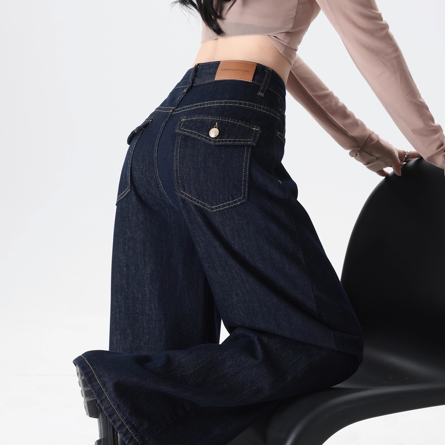 蓝色阔腿牛仔裤女小个子2025春秋新款高腰遮胯宽松直筒拖地阔腿裤
