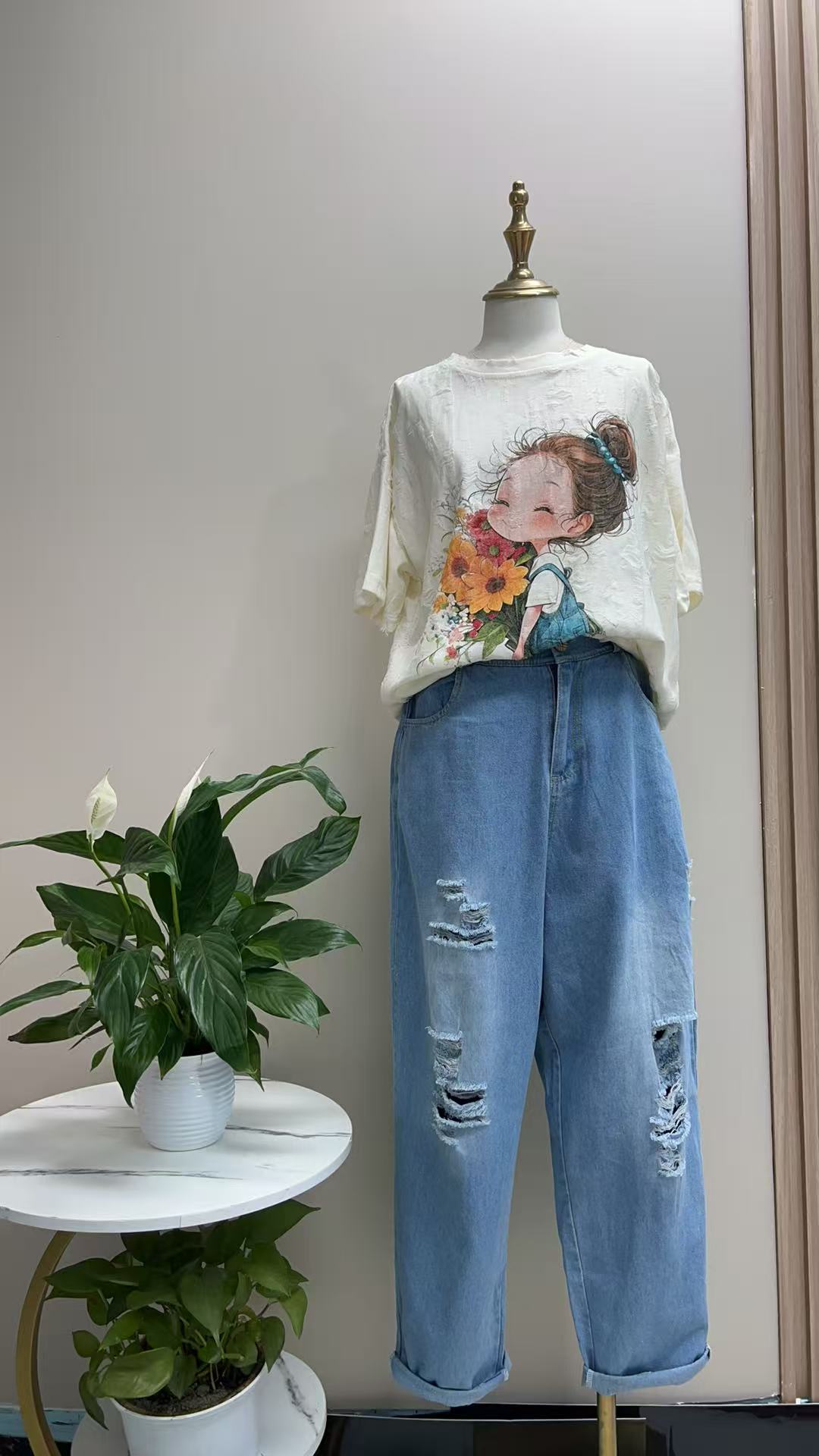 春夏季松紧腰老爹破洞裤牛仔裤百搭