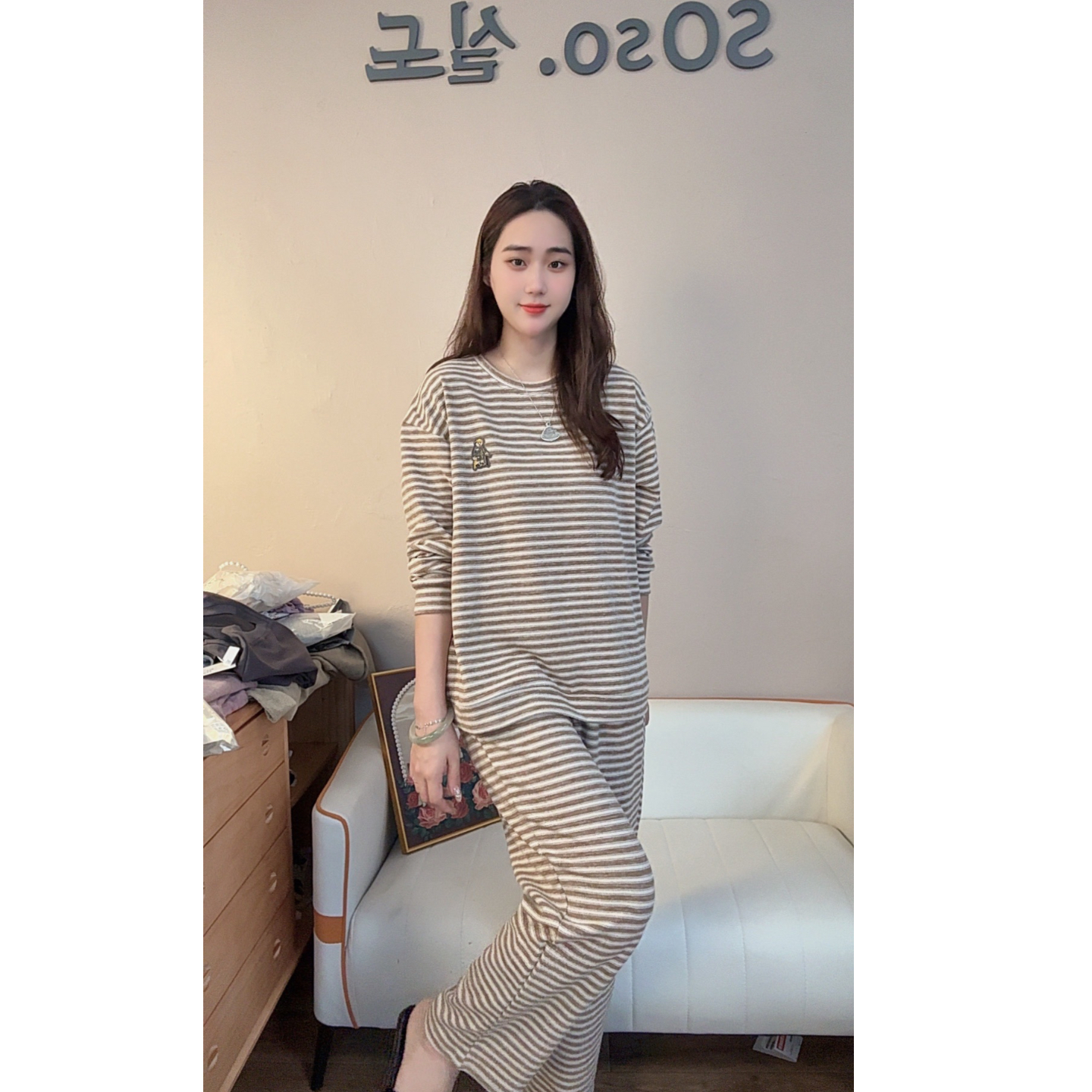 睡衣女冬季新款羊绒长袖长裤韩版可外穿家居服套装（咖色系小熊）