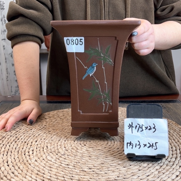 紫砂花盆紫玉金砂内奎竹林鸟趣手绘高四方0805