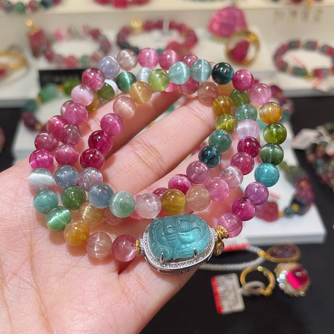 碧玺猫眼手链18K金镶嵌 7.5mm三圈搭 帕蓝象神魔盒