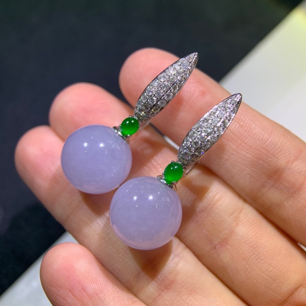 天然翡翠高冰紫罗兰圆珠耳坠
